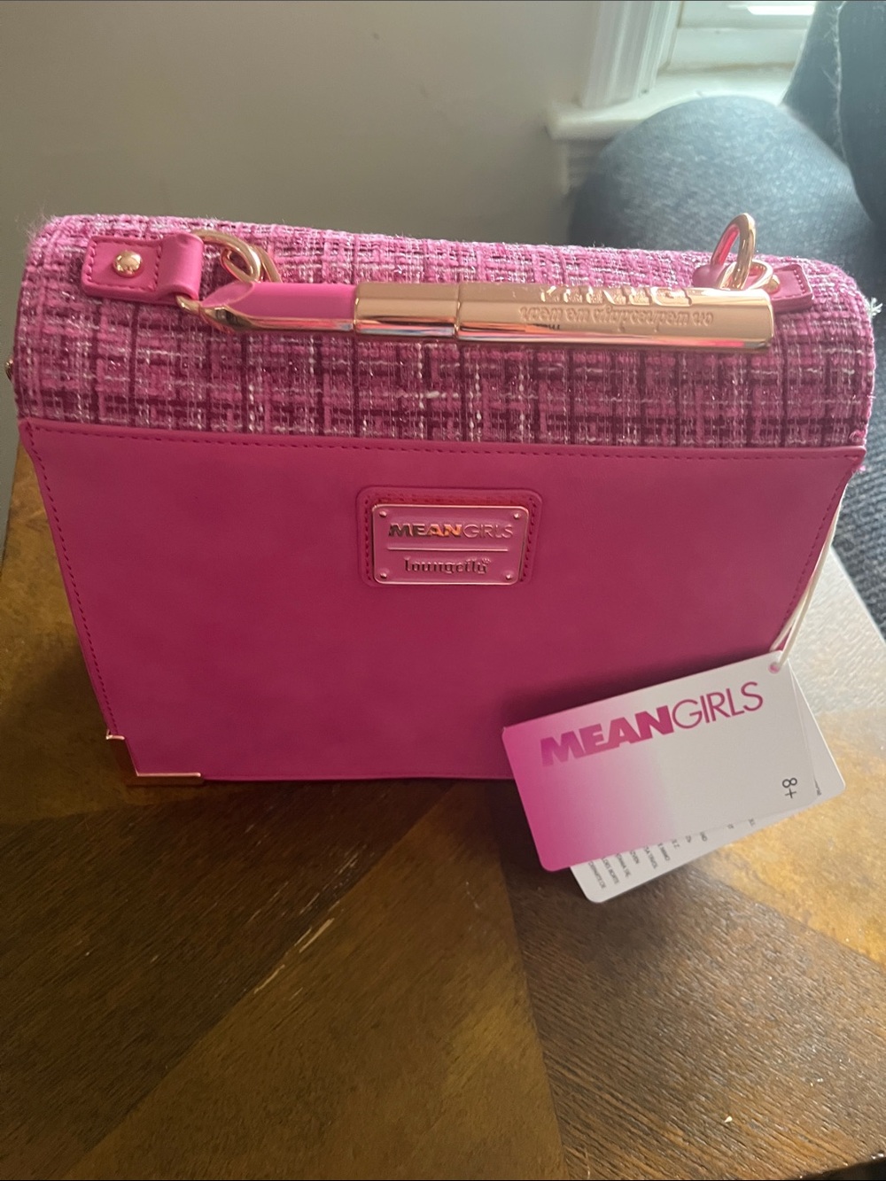 Mean Girls Loungefly Pink Tweed & Faux Leather Crossbody with Lipstick Clasp NWT - Picture 7 of 7